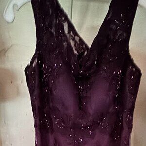 Cachet Mermaid-style lacey full-length formal dress in deep Plum Purple